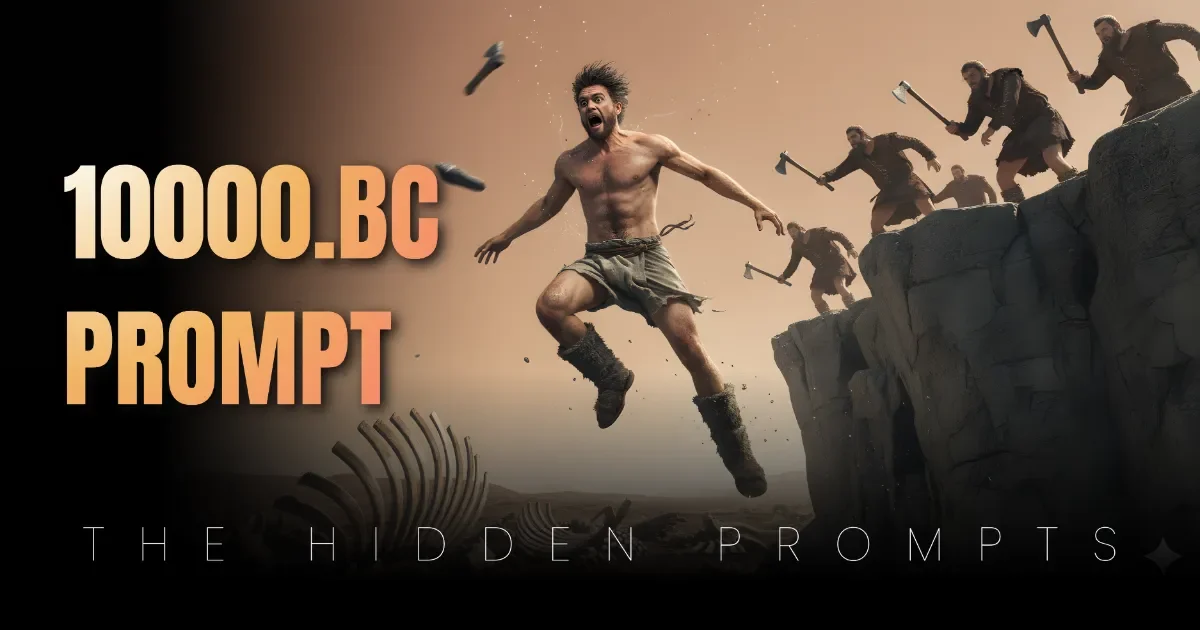 FREE Google Gemini AI Image Prompt showing a photorealistic prehistoric man leaping from a cliff as raiders throw axes with intense motion blur.