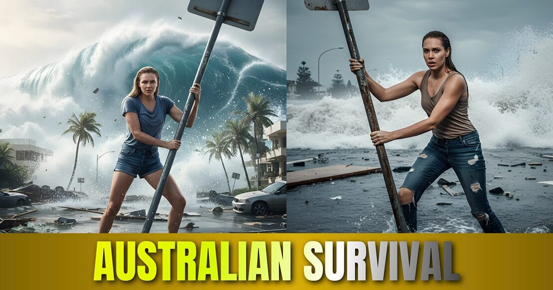 Australian Action survival scene: Australian Modern Indigenous Women holding signpost, generated using GROK IMAGE GENERATION.