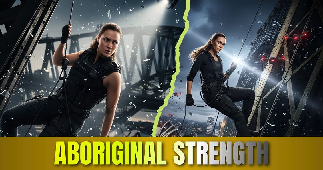 Australian Aboriginal woman rappelling down Sydney Harbour Bridge pylon, illustrating strength through GROK IMAGINE art.