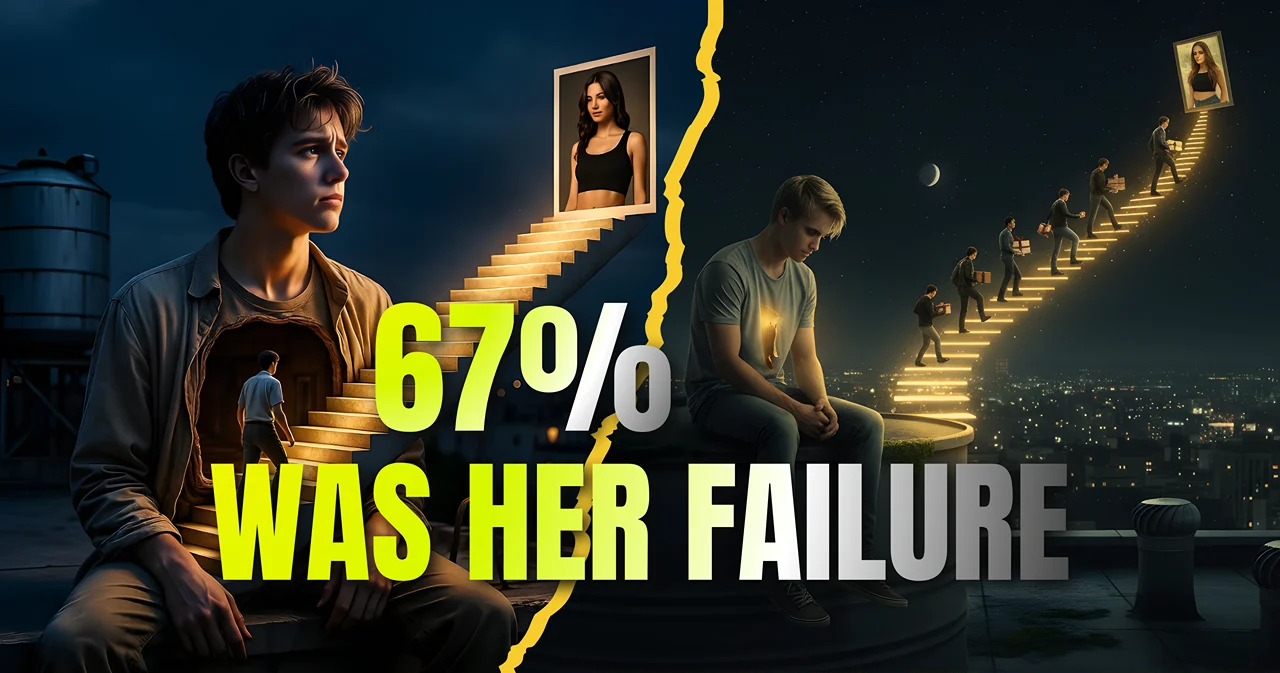 The definitive FREE SAD BOY Google Gemini Photo Editing prompt featured image: sad boy on a rooftop with an endless staircase leading to a girl's picture.