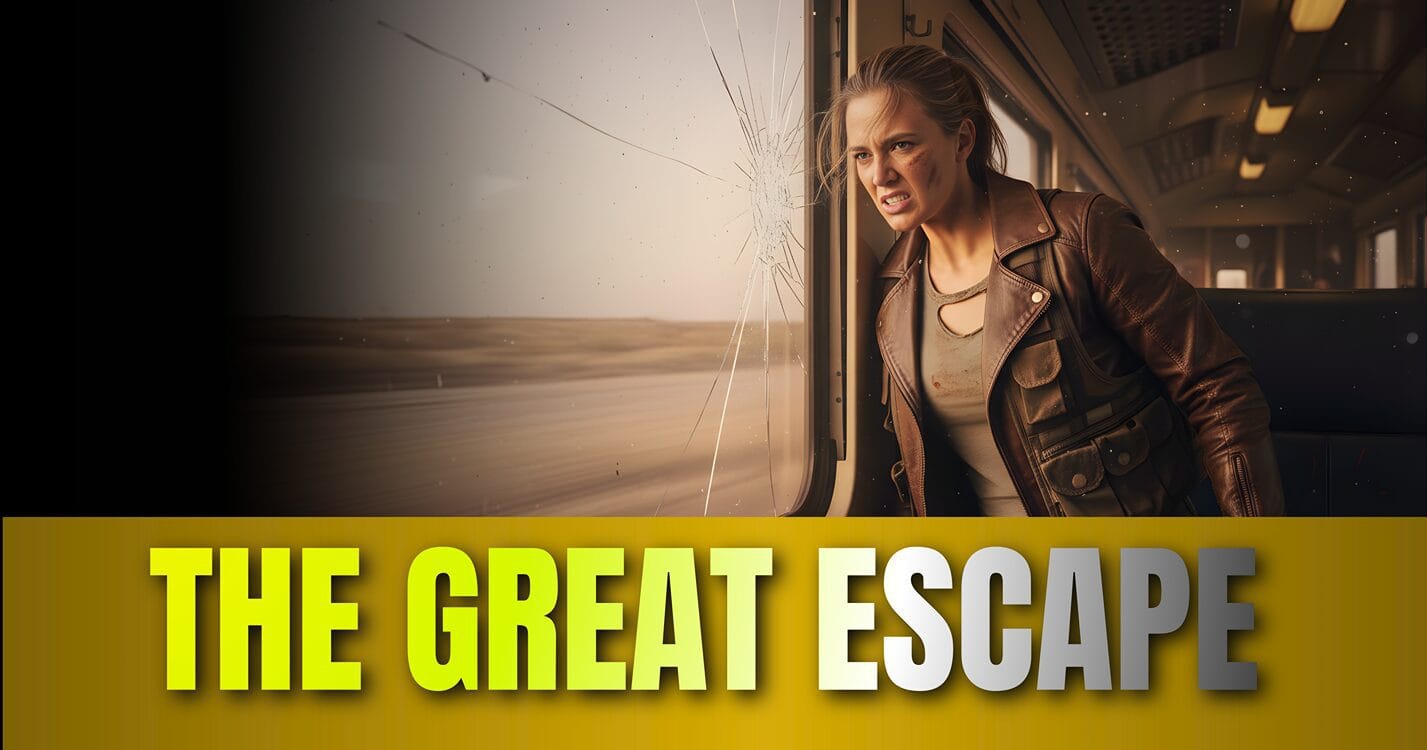 The Great Escape: Australian Modern Indigenous Women looking defiant through broken train window, rendered perfectly via GROK IMAGE PROMPT.