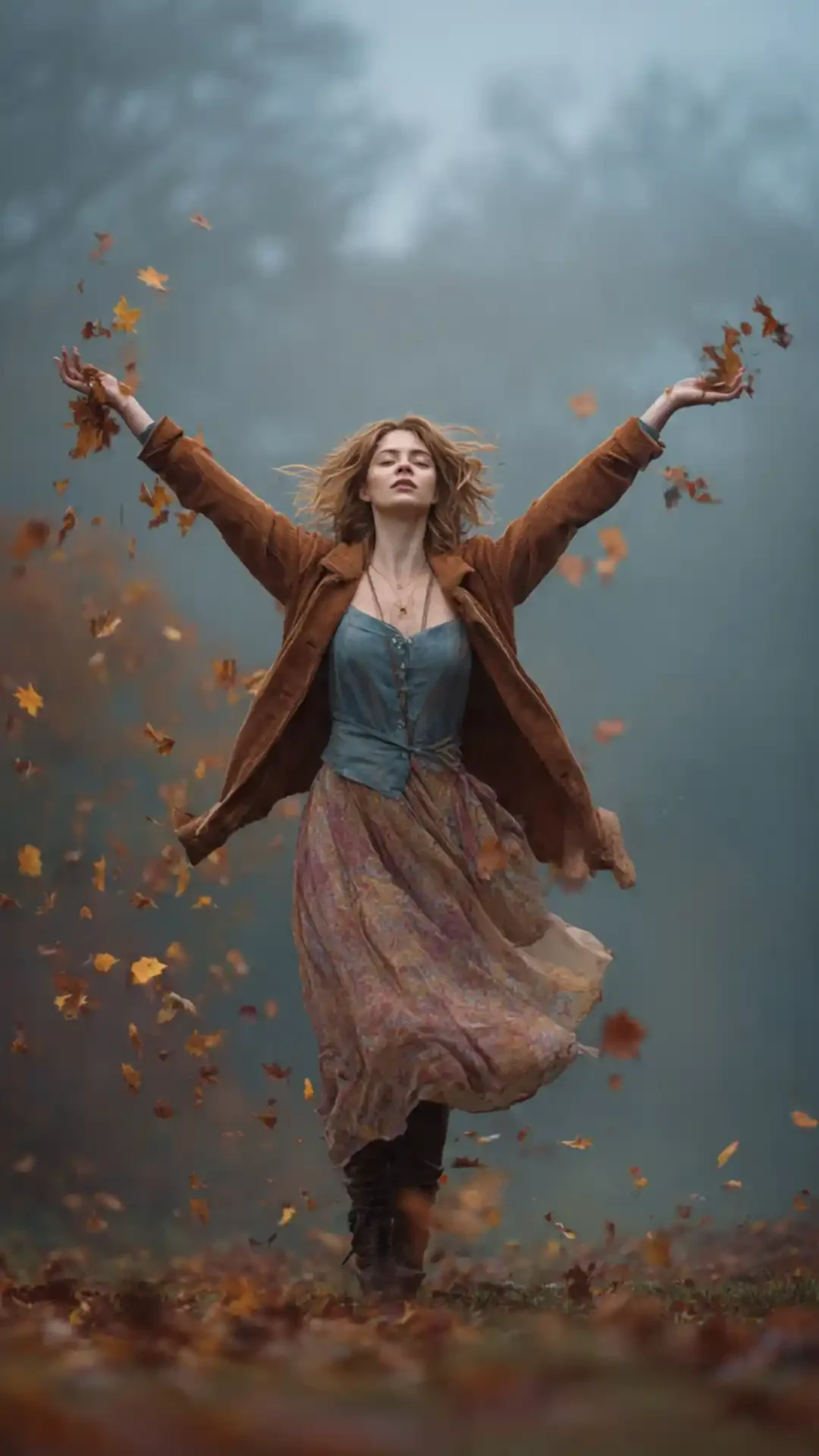 Grok AI image generator radiant woman joyful forest run – Grok generated autumn girl portrait full motion energy.