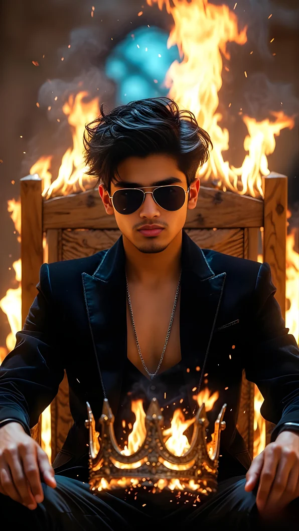 Google Gemini AI Photo Editing Prompts: Cinematic image of a South Asian boy seated on a throne, holding a glowing broken crown surrounded by fire.