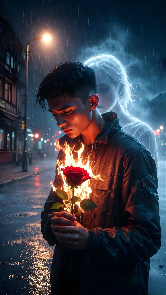 Ultra realistic breakup photo prompt: Dramatic close-up of a man holding a burning rose with a holographic silhouette of his ex-girlfriend in the rain.