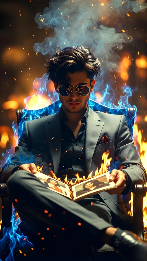 Dramatic ultra realistic gemini prompts result: a heartbroken sad boy burning a photo album with powerful blue flames for a heroic cinematic look.