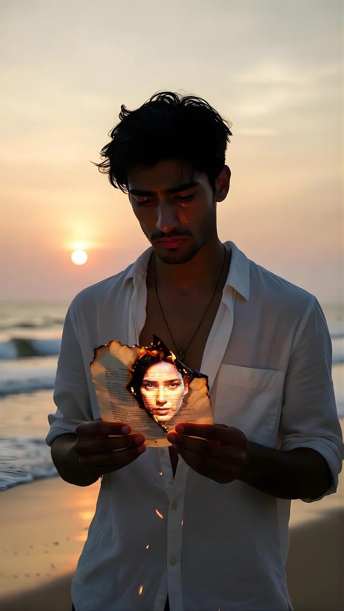 Gemini AI Prompt for Instagram: Poignant medium shot of a man on a beach at sunset, with a tiny, fiery holographic image from a burnt love letter.