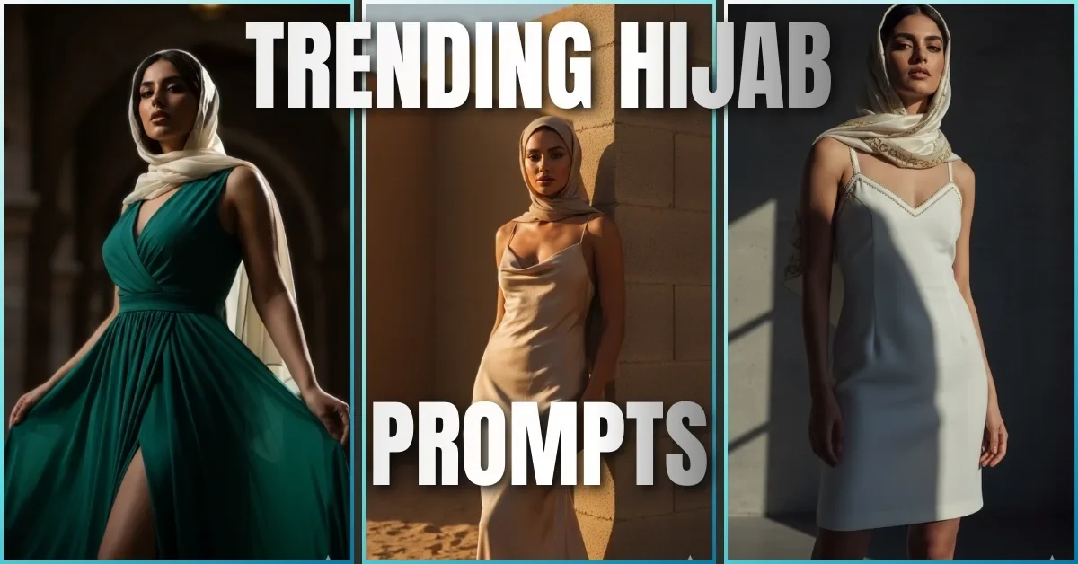 College of: Powerful Arabic Girl Fashion using Google Gemini AI Photo Editing Prompts. An Arabian model in a gold-trimmed hijab and white structured short middy Slip Dress, shot from a belly-height angle for a strong stance.