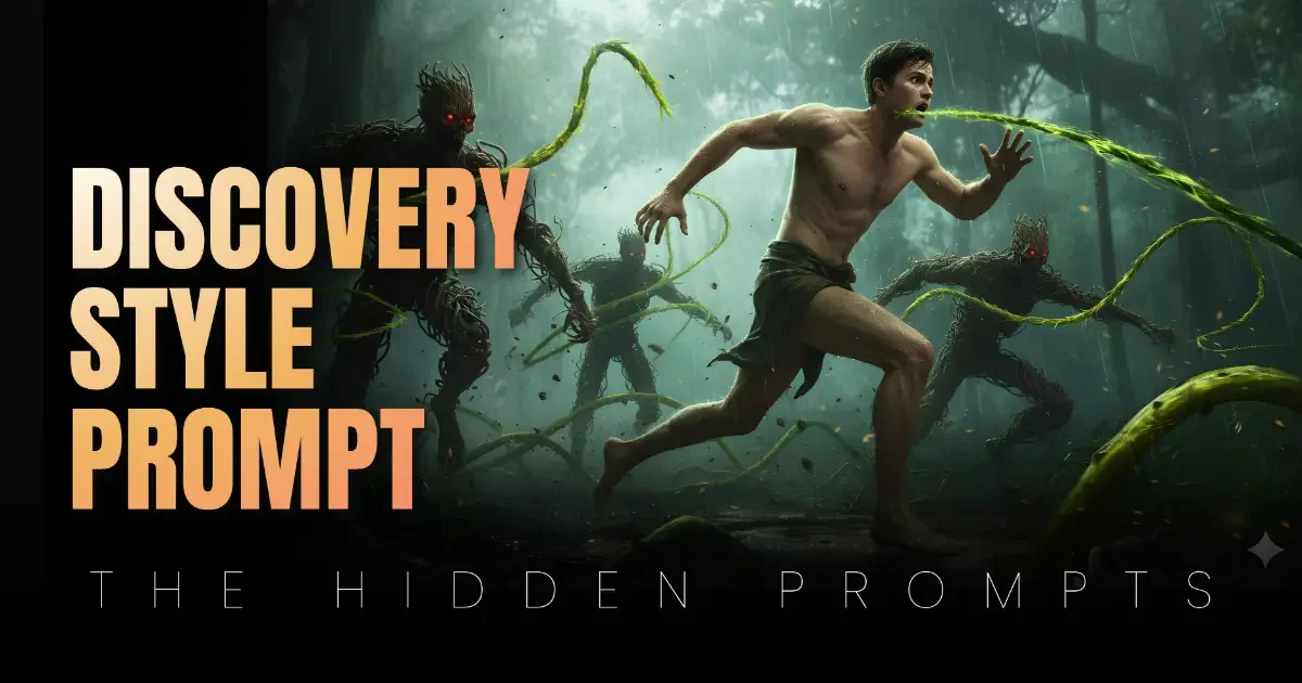 FREE Google Gemini AI Image Prompt proof image showing a man running from vine creatures in a jungle, demonstrating 'Discovery Style' fantasy photorealism.