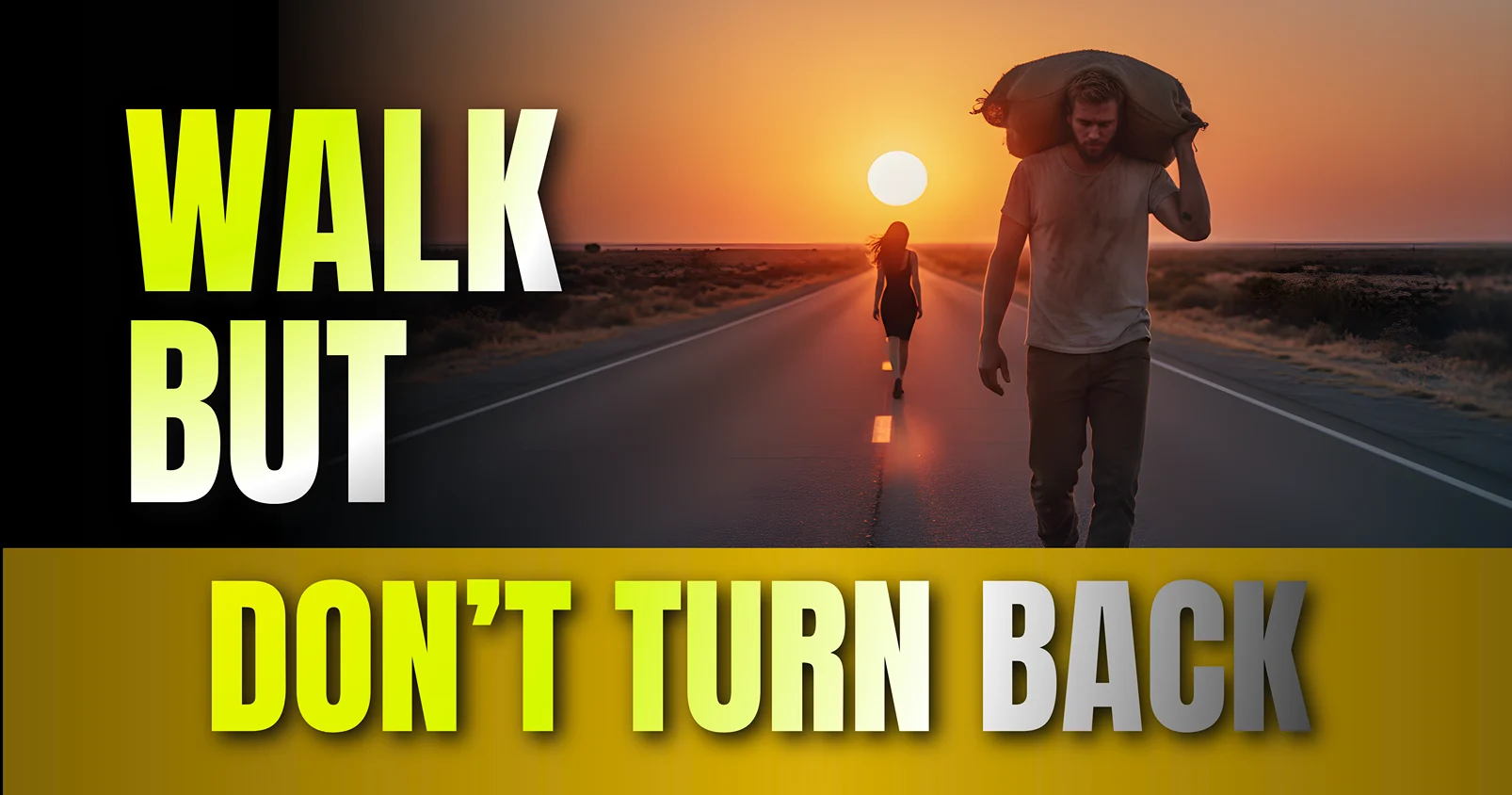 Cinematic AI Photo Prompt for 'Distance to Her Heart': man walking on a highway away from a girl at sunset.