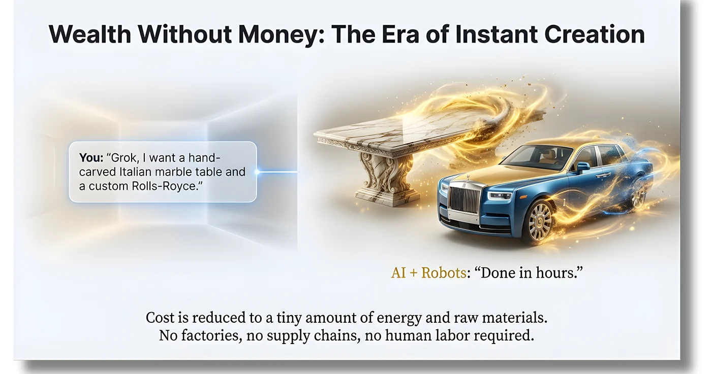 Wealth without Money: How AI and robots enable instant, low-cost creation, leading to the zero value of money.
