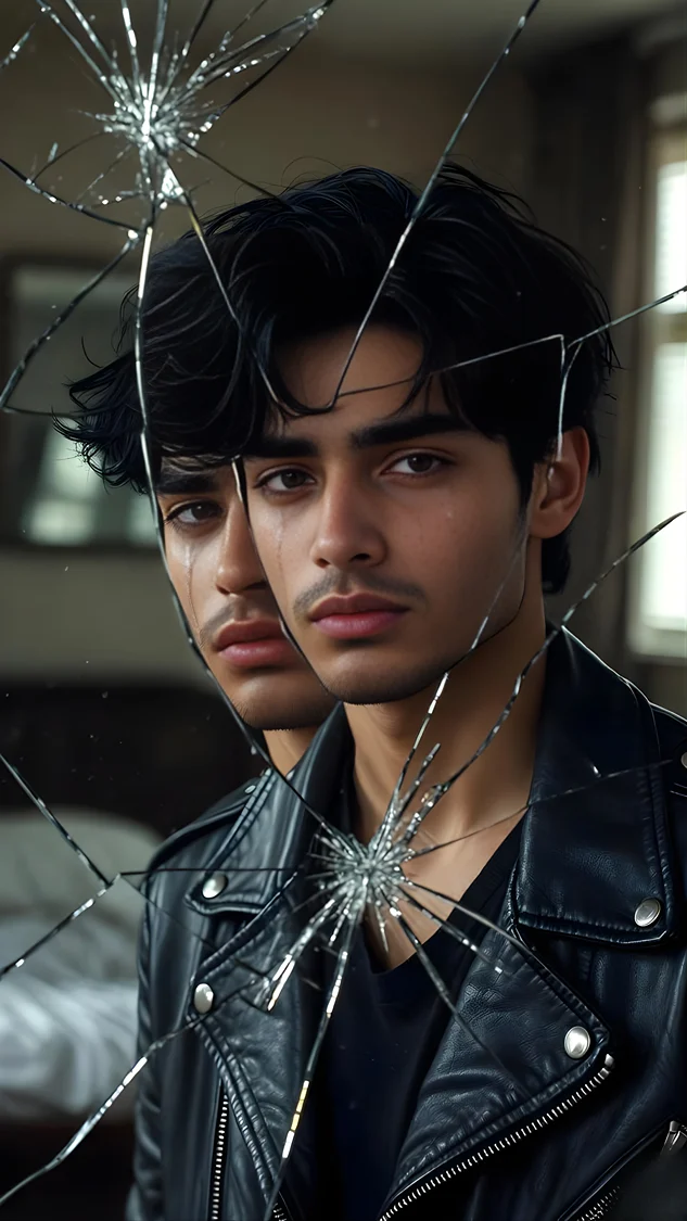 A viral Gemini AI prompt for Instagram showing a sad boy with tears and fragmented emotions reflected in a cracked mirror.