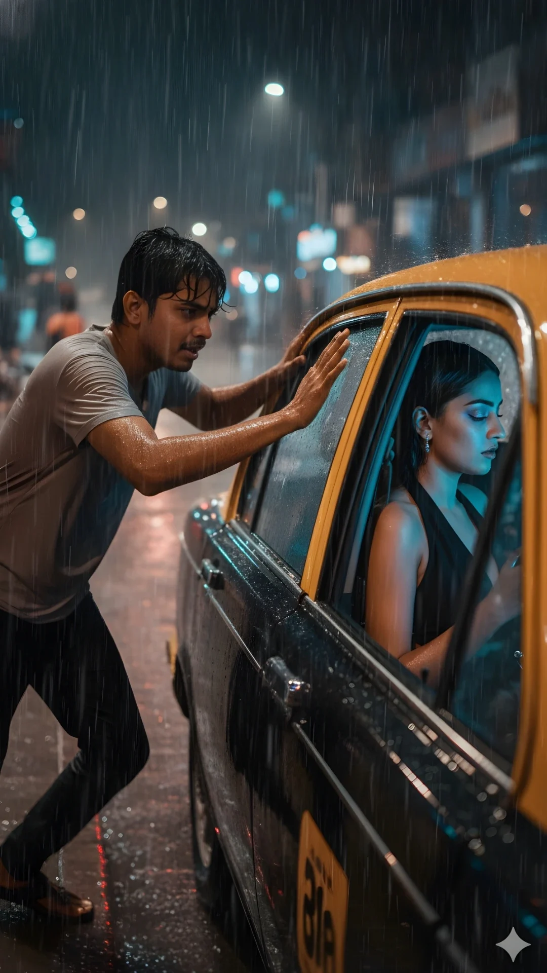 Desperate man hitting the window of a moving taxi in the rain as the girl ignores him inside, a perfect Love Failure Photo HD shot.