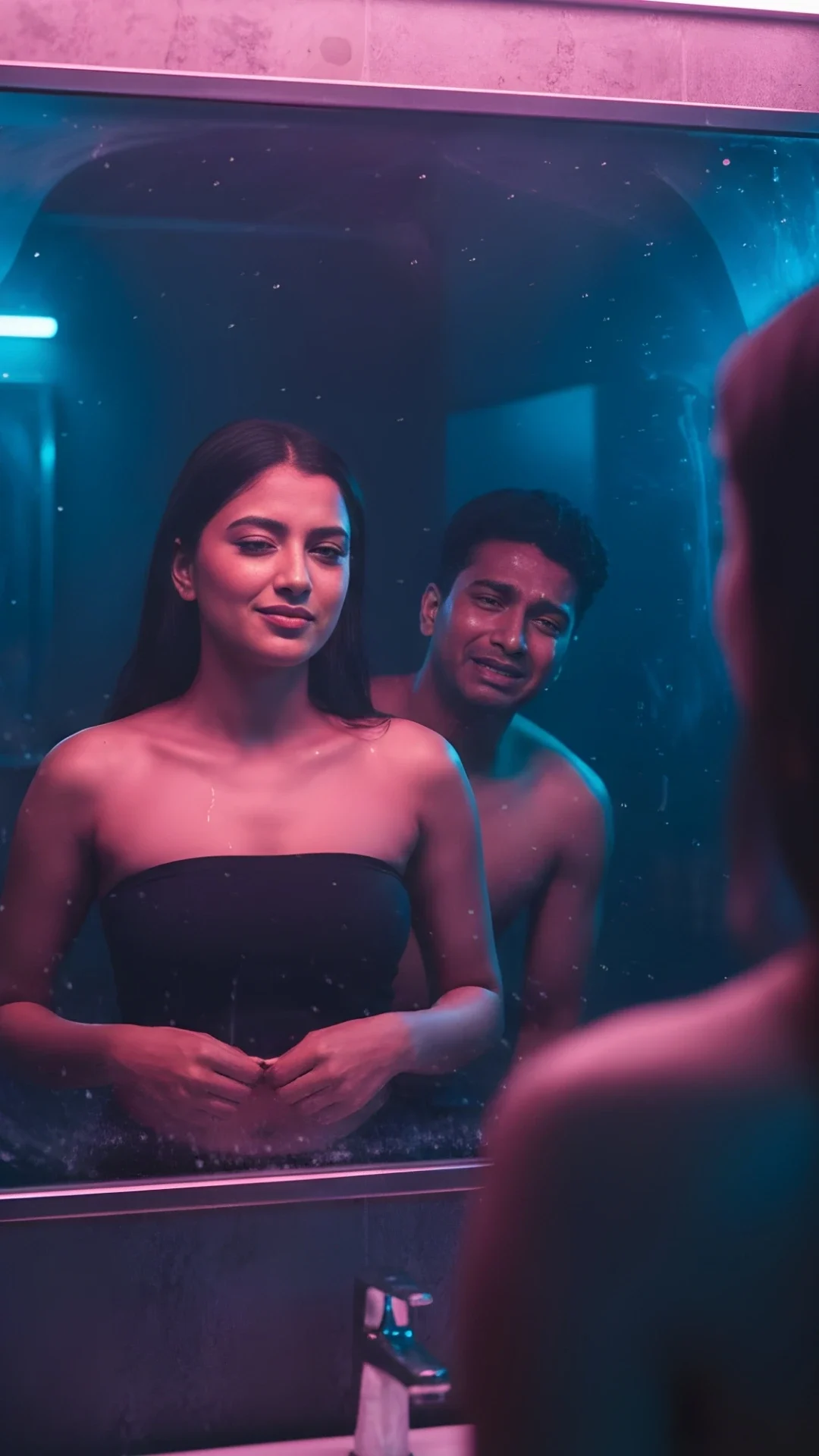 A reflection of a heartbroken boy crying in a club mirror behind a dismissive girl, perfect for a Broken heart boy photo pose DP.