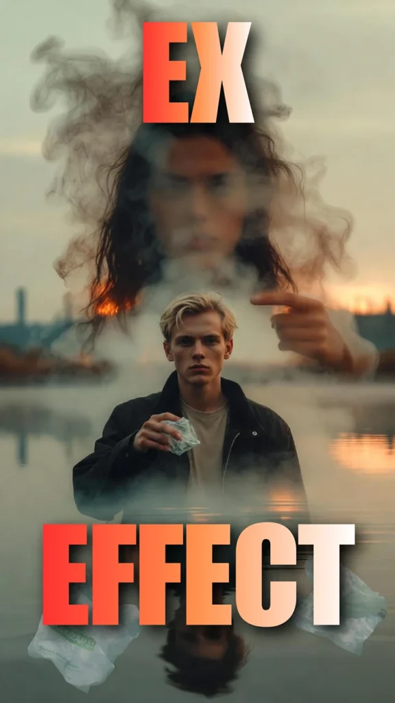 Generate Photorealistic Sad Boy Images with Gemini AI of a man by a lake with "EX AFFECT" text and a smoky holographic reflection.