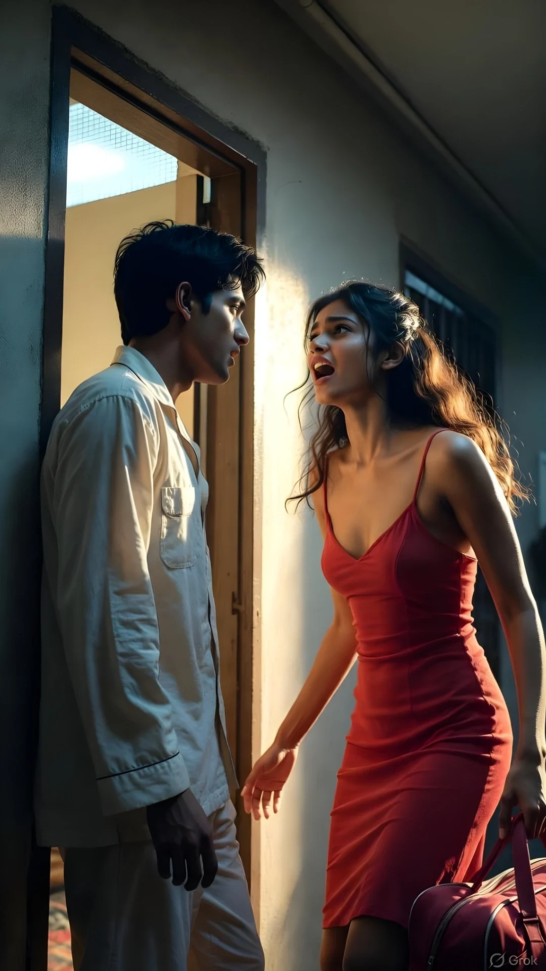 A devastating doorstep confrontation between a boy in pajamas and a girl leaving with a bag, showing the best love failure photo pose for boys at night.