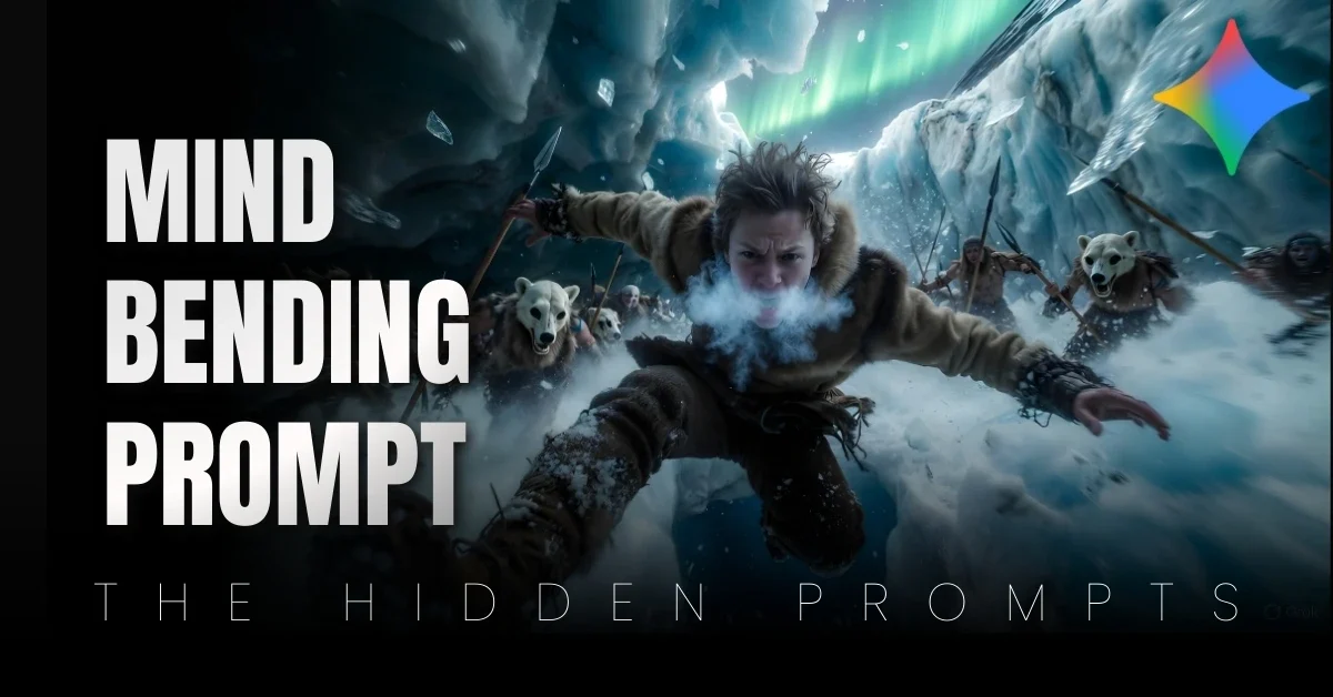 Gemini image of man diving as ice cave ceiling collapses, cave clan behind, aurora light, 16:9 8K photorealistic.