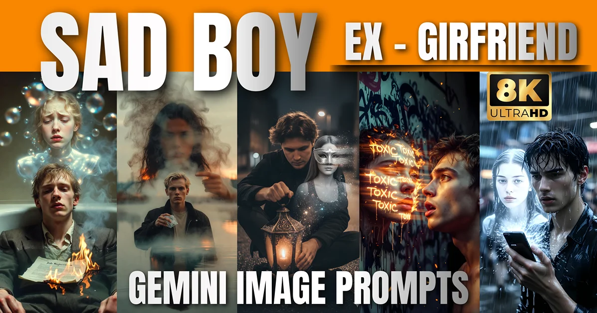 Gemini AI Prompts for Men collage: "SAD BOY EX-GIRLFRIEND" thumbnail with 5 cinematic images, featuring the Holographic Effect and 8K Ultra HD quality.