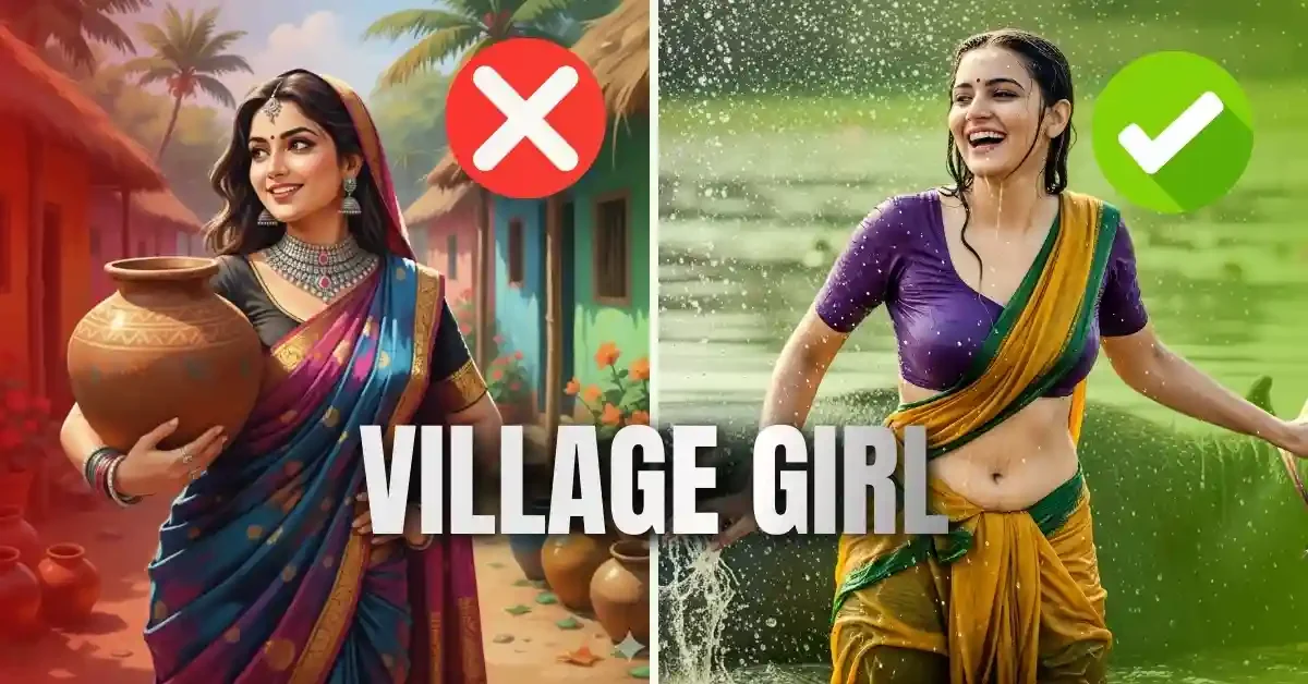 Gemini AI prompt comparison showing vague girl description producing generic output versus detailed subject specifications with age, pose, clothing creating Instagram-ready photorealistic portrait