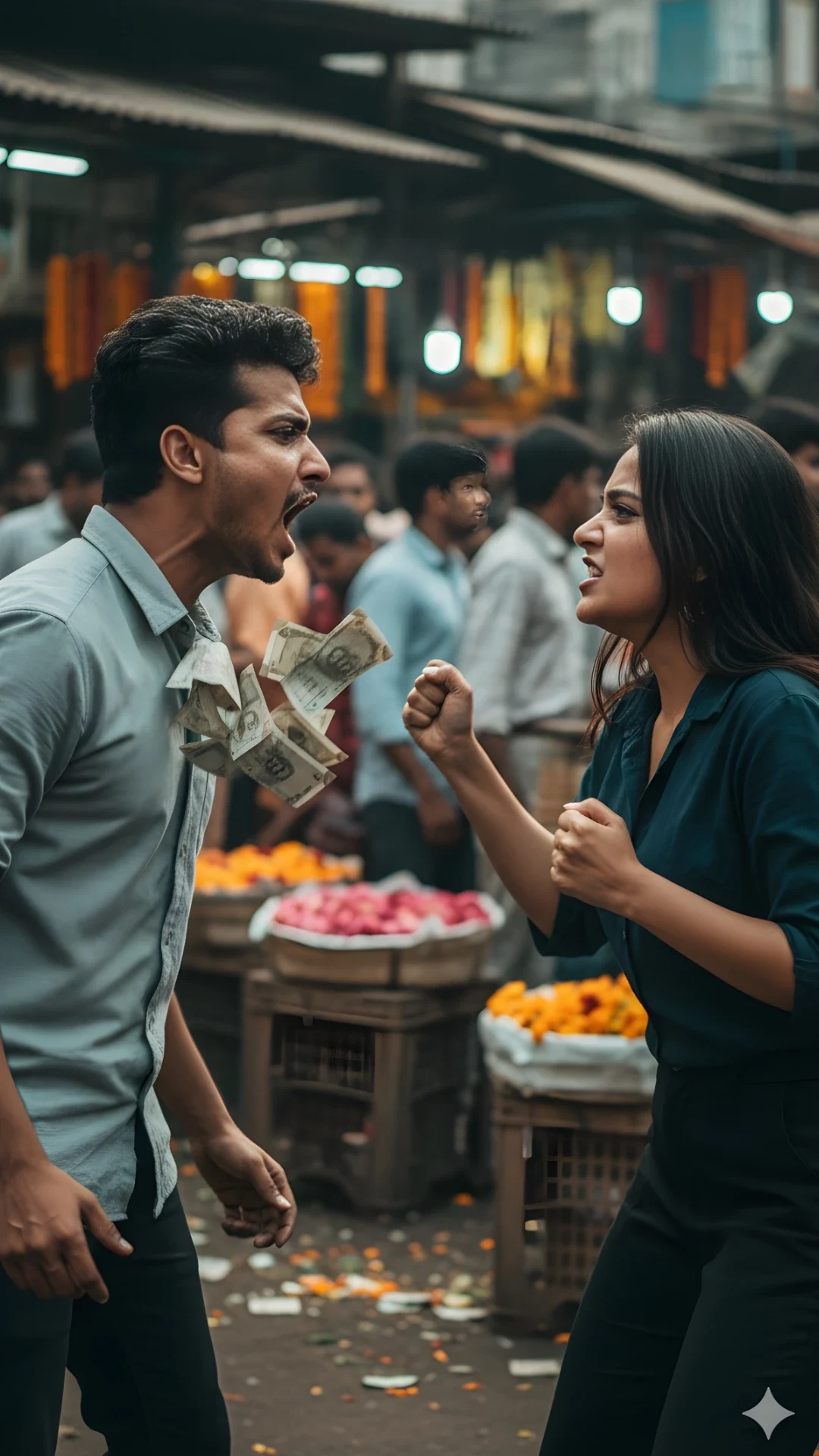 Indian boy mid-shout as a girl aggressively throws money at him in a crowded market, capturing an angry sad boy ai prompt 8K moment.