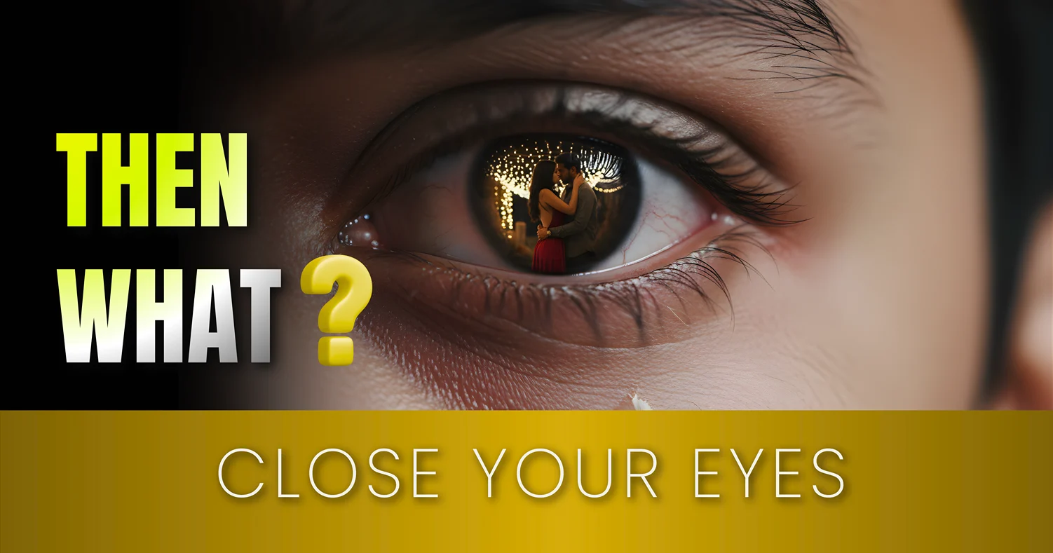 Extreme close-up of a bloodshot eye with a couple reflected in the pupil, a high-detail Gemini AI photo prompt for heartbreak.