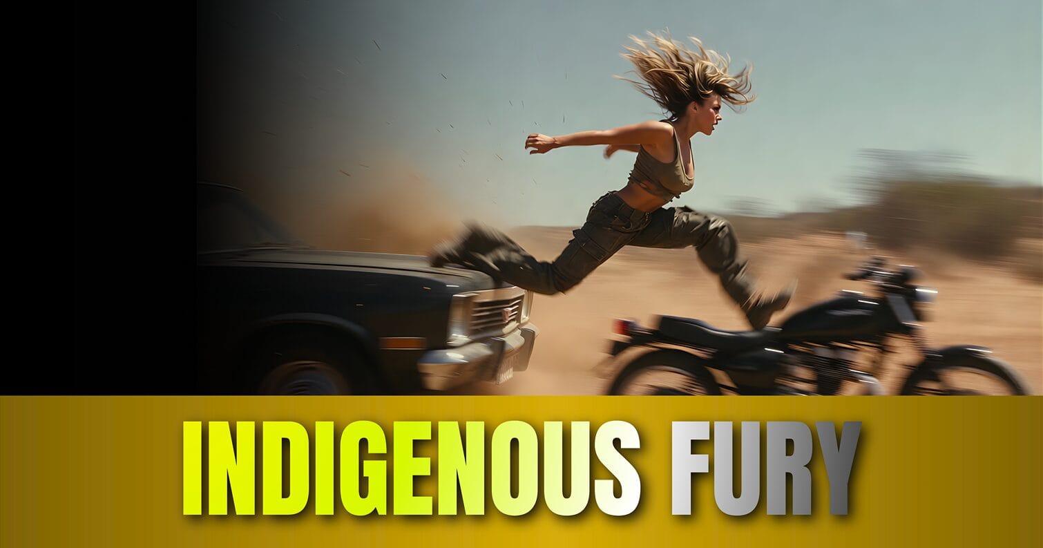 Extreme Australian Action shot of Australian Indigenous woman mid-leap from Ute onto motorbike, created using a detailed GROK IMAGE PROMPT