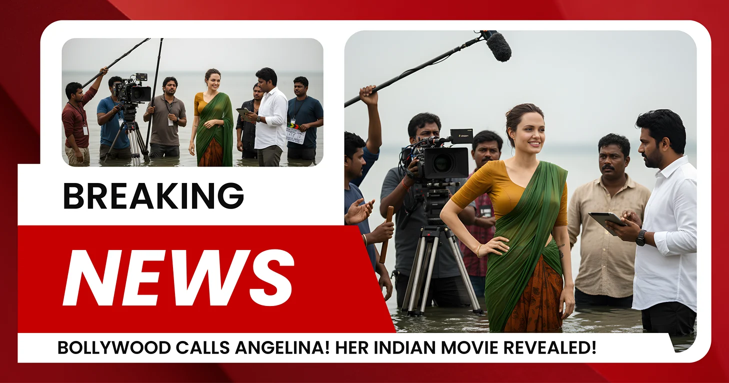 Featured image showing a breaking news thumbnail about the Angelina Jolie Indian film project, with a behind-the-scenes shot of a smiling Angelina Jolie on set with the director, created via a Celebrity Photo Editing Prompt in Gemini AI.