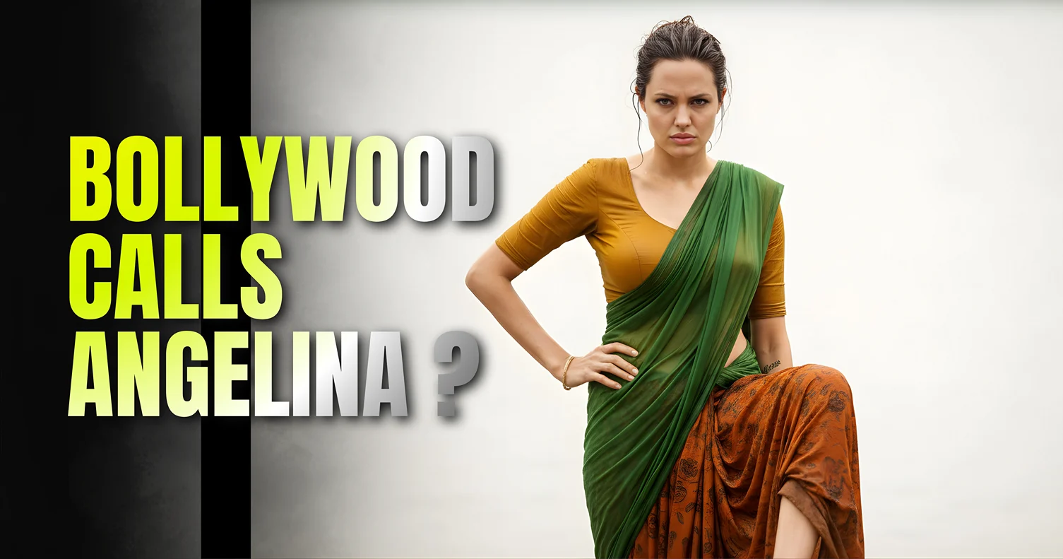 Angelina Jolie standing in water in a rich orange and green wet saree, with a defiant expression, demonstrating a highly effective Copy Paste Gemini Prompt for a tension-filled shot.