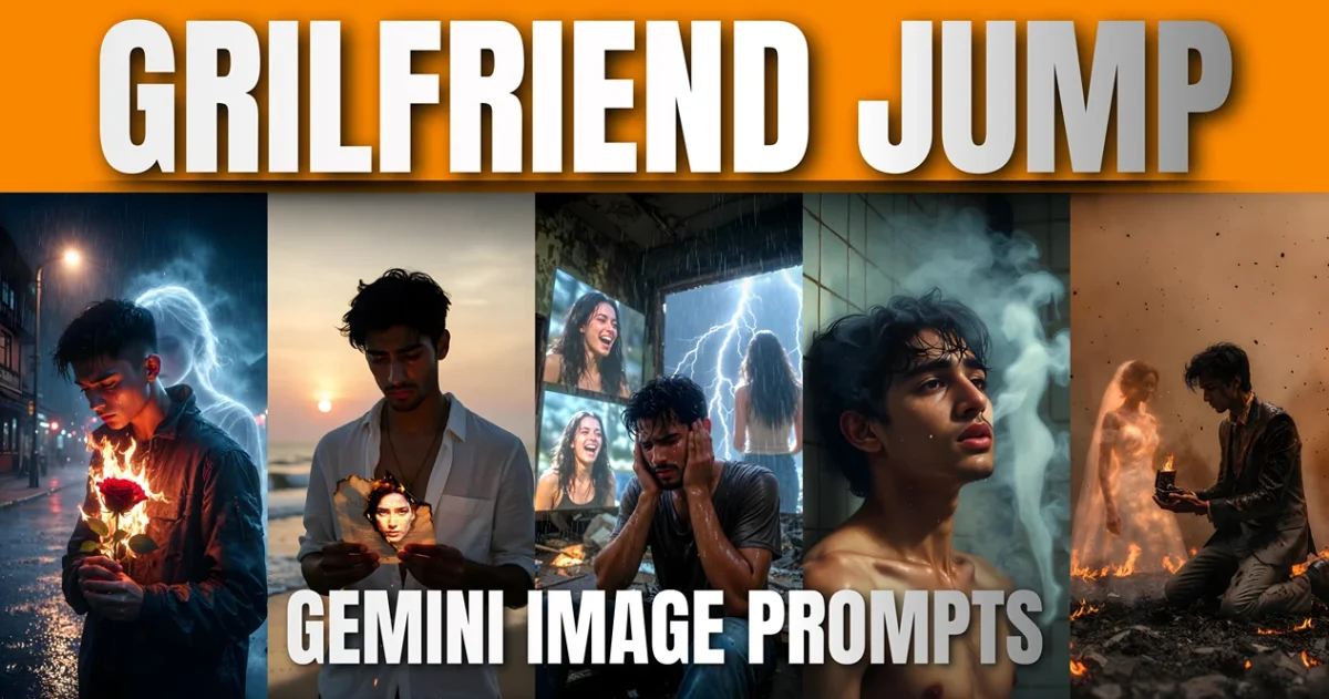 Google Gemini AI Breakup Image Editing Prompt viral composite image: 5 tragic breakup scene concepts, including burning rose, wedding dress ghost, and monsoon hallucinations.
