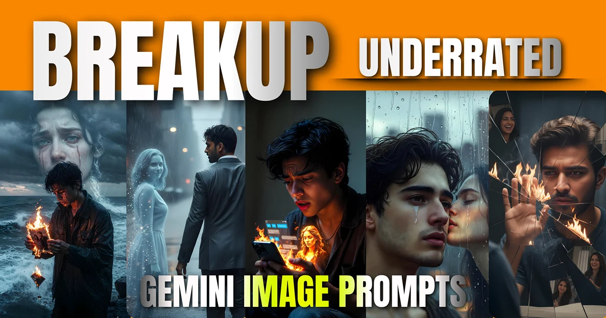 Gemini prompts for ex girlfriend: A composite image showing 5 cinematic sad boy holographic image concepts, including ocean, rain, and fire effects.