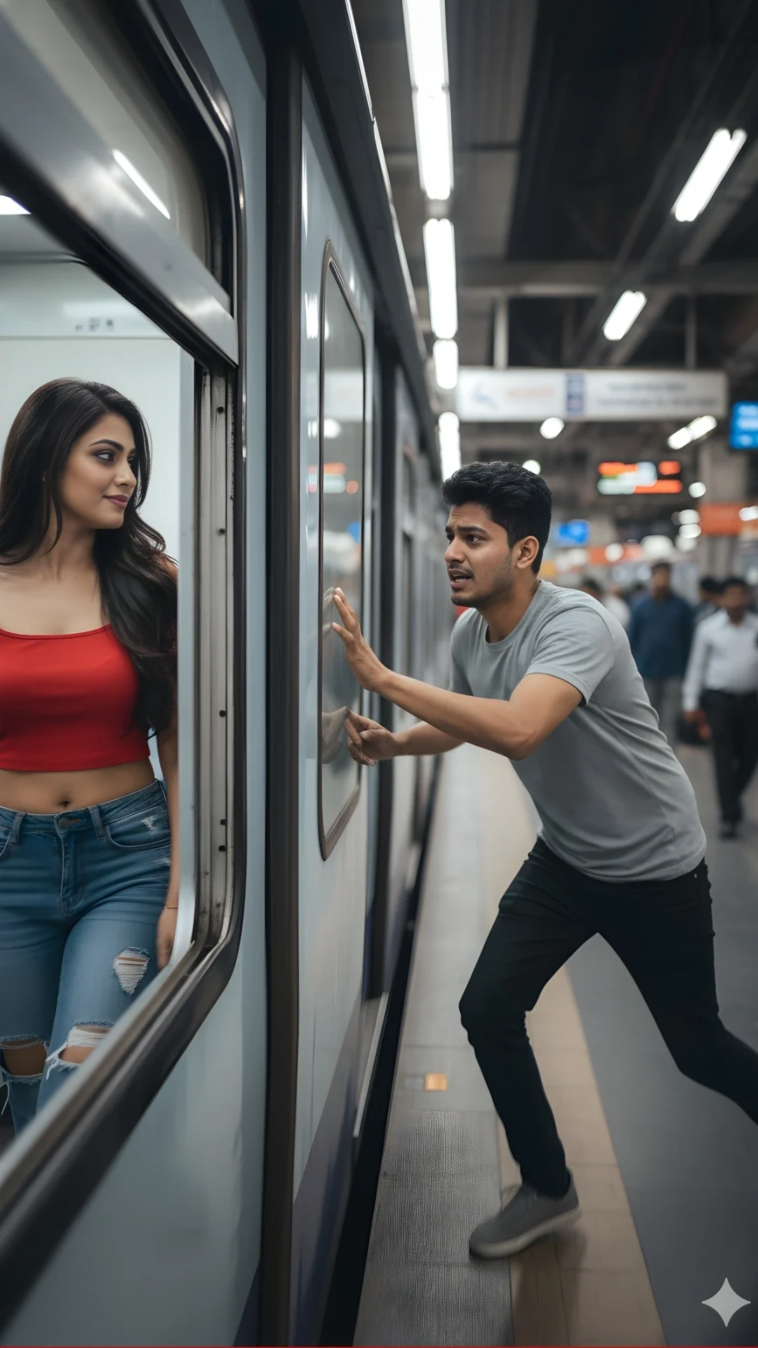 Sad man running for a train as the door closes, while a girl inside watches him and smiles, a powerful heartbroken boy pics visual.