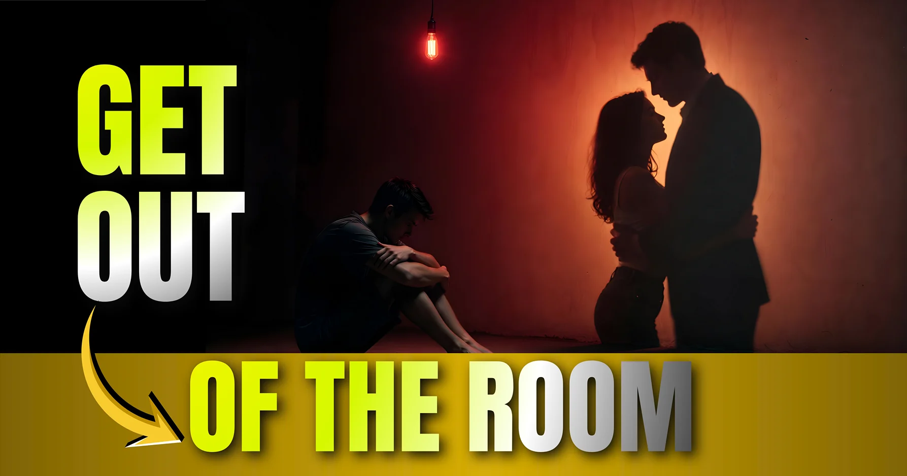 Sad boy sitting alone while his shadow hugs a girl's shadow on the red-lit wall, a powerful Cinematic AI Photo Prompt.