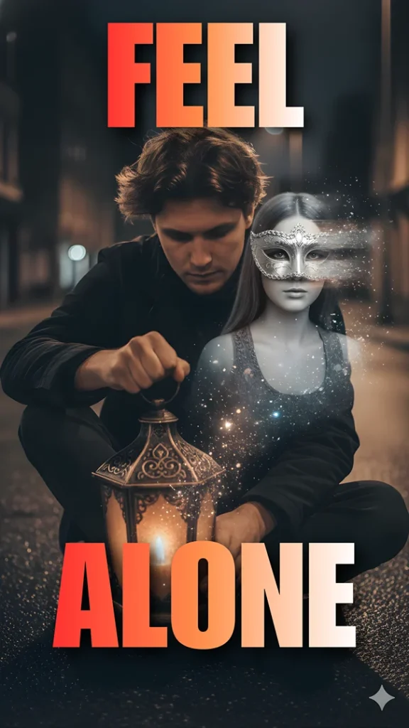 Moody night portrait from Gemini AI Photo Editing Prompts with "FEEL ALONE" text, showing a man with a dying lantern and dissolving hologram.