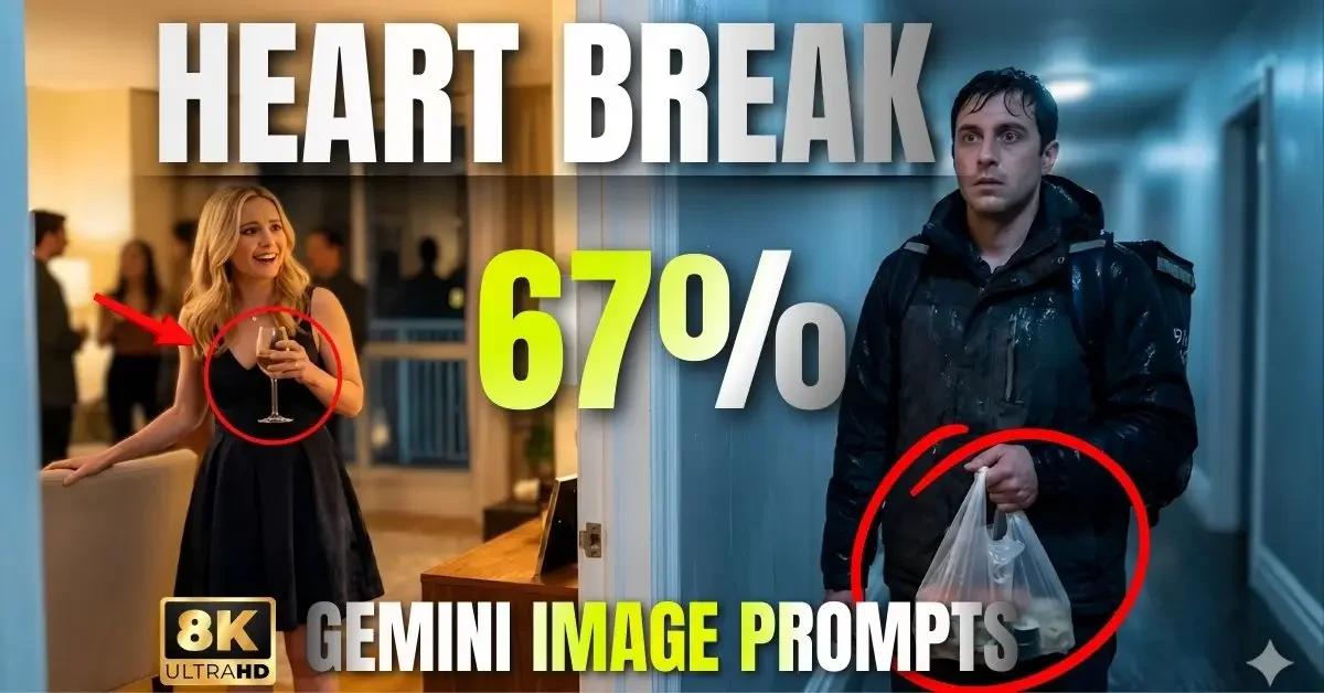 A prominent HEART BREAK image showing a humiliated delivery boy (sad boy) delivering food to his ex-girlfriend's party. This sad boy photo prompt example, generated by a powerful sad boy ai prompt, is a cinematic moment for love failure boy dp and achieves love failure boy images hd 4k quality.