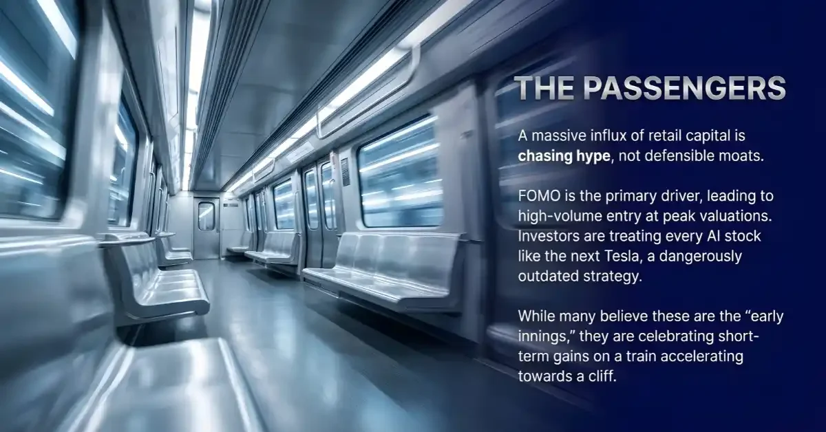 Retail investors celebrating on a high-speed AI train, representing speculative excess and FOMO-driven investment while institutional money rotates out of overvalued positions