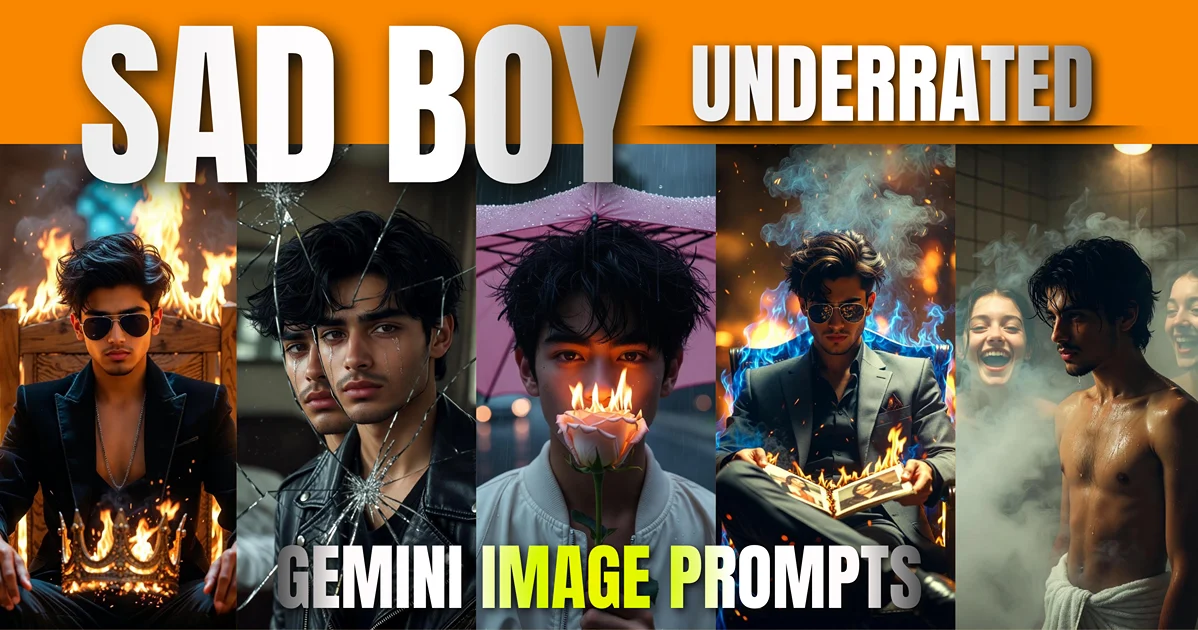 Google Gemini AI Photo Editing Prompts: Composite image of 5 ultra realistic gemini prompts showing a South Asian sad boy with fire, broken glass, rain, and steam.