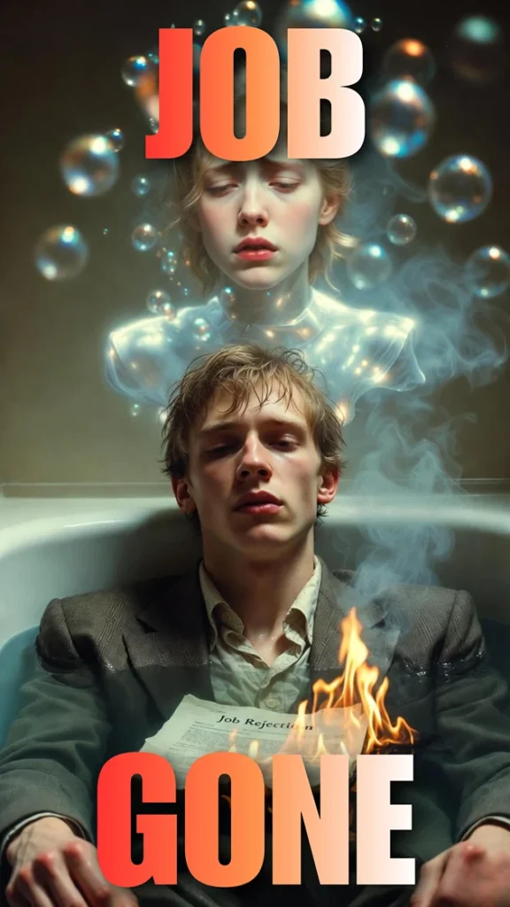 Photorealistic Gemini AI Prompts for Men image showing a sad boy with "JOB GONE" text in a bathtub with a holographic ex