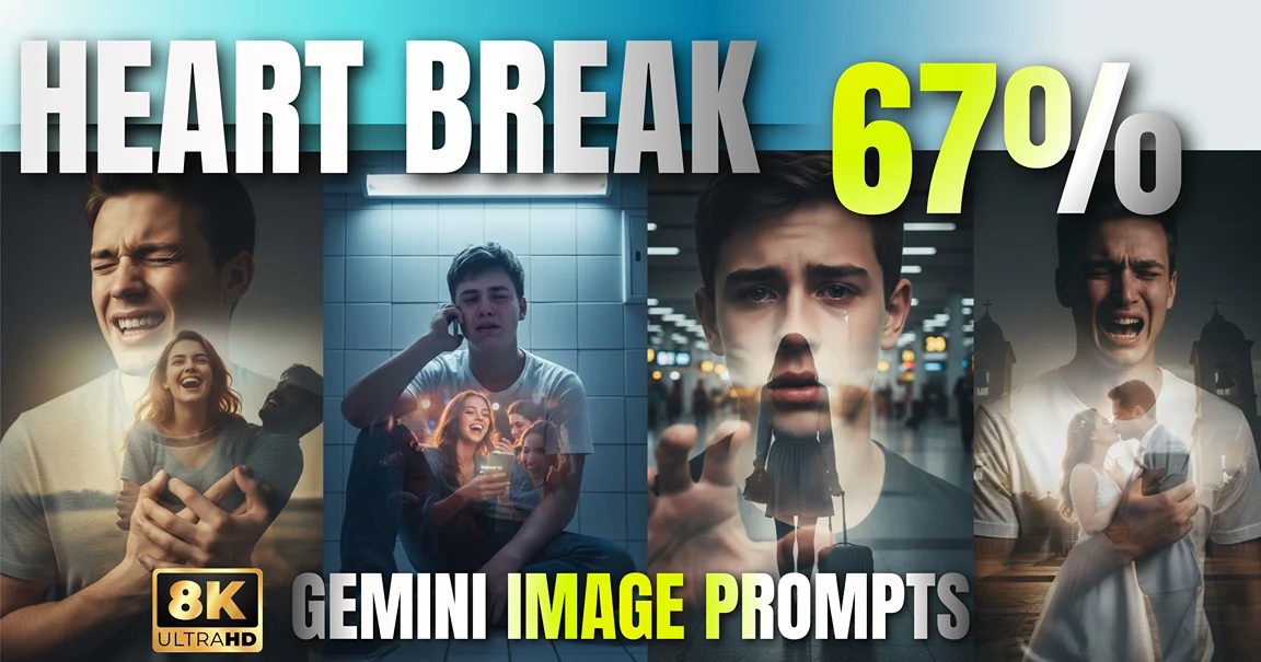 Featured image for Love Failure Prompt Gemini blog showing four heartbreak double exposure scenes with the text "HEART BREAK 67% GEMINI IMAGE PROMPTS 8K UltraHD."