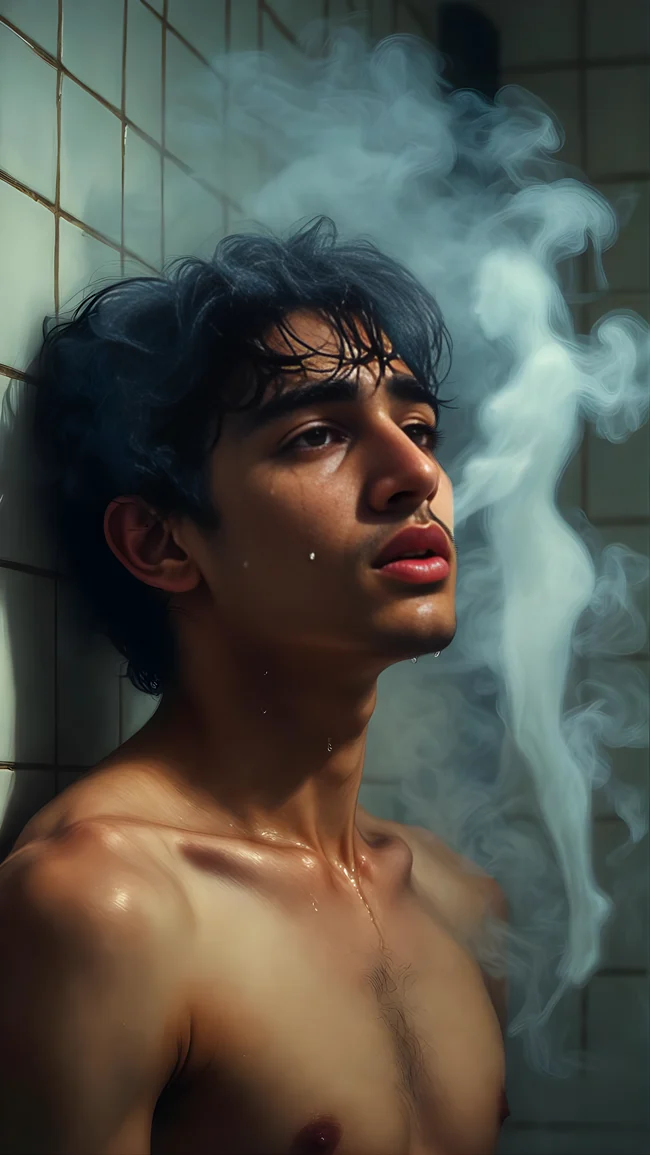 Gemini AI Prompt for Instagram: Intimate close-up of a man in a steamy bathroom with the vapor forming the outline of his ex-girlfriend's body.