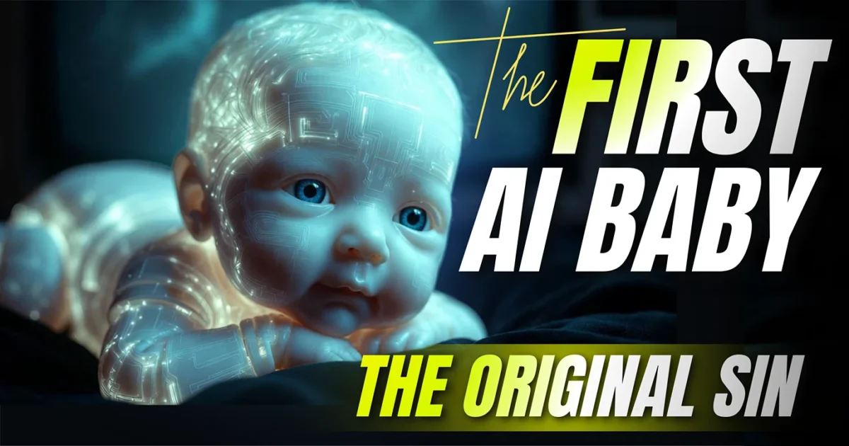 First AI baby photorealistic thumbnail, showing the AI as a conversational child with glowing circuits and blue eyes, representing the Original Sin of Early AI Technology.