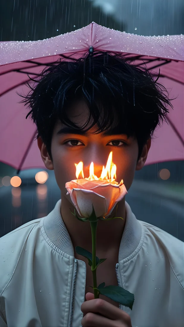Google Gemini AI Photo Editing Prompts example: a cinematic portrait of a "SAD boy" holding a glowing flame rose in the rain.