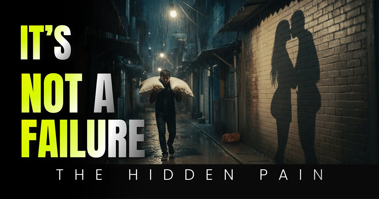 An exhausted laborer walking past a wall where the shadow of his ex-girlfriend kisses another, generated by the best sad love story ai image prompt.