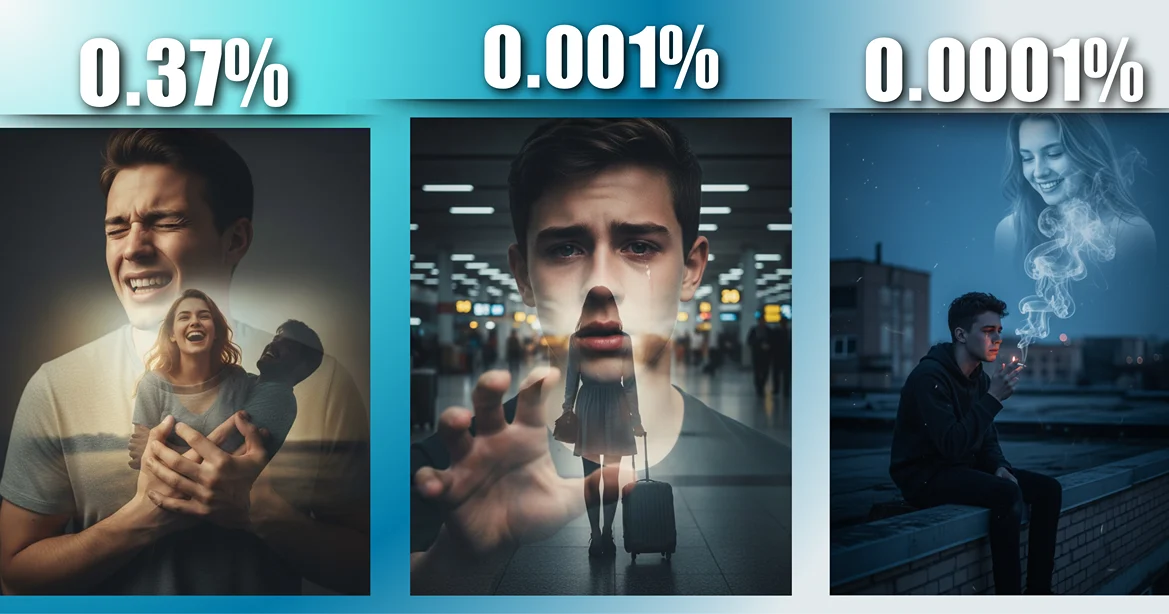 High-impact Love Failure Prompt Gemini sad boy clutching chest, merged with laughing girl ghost. Double exposure, photorealistic.