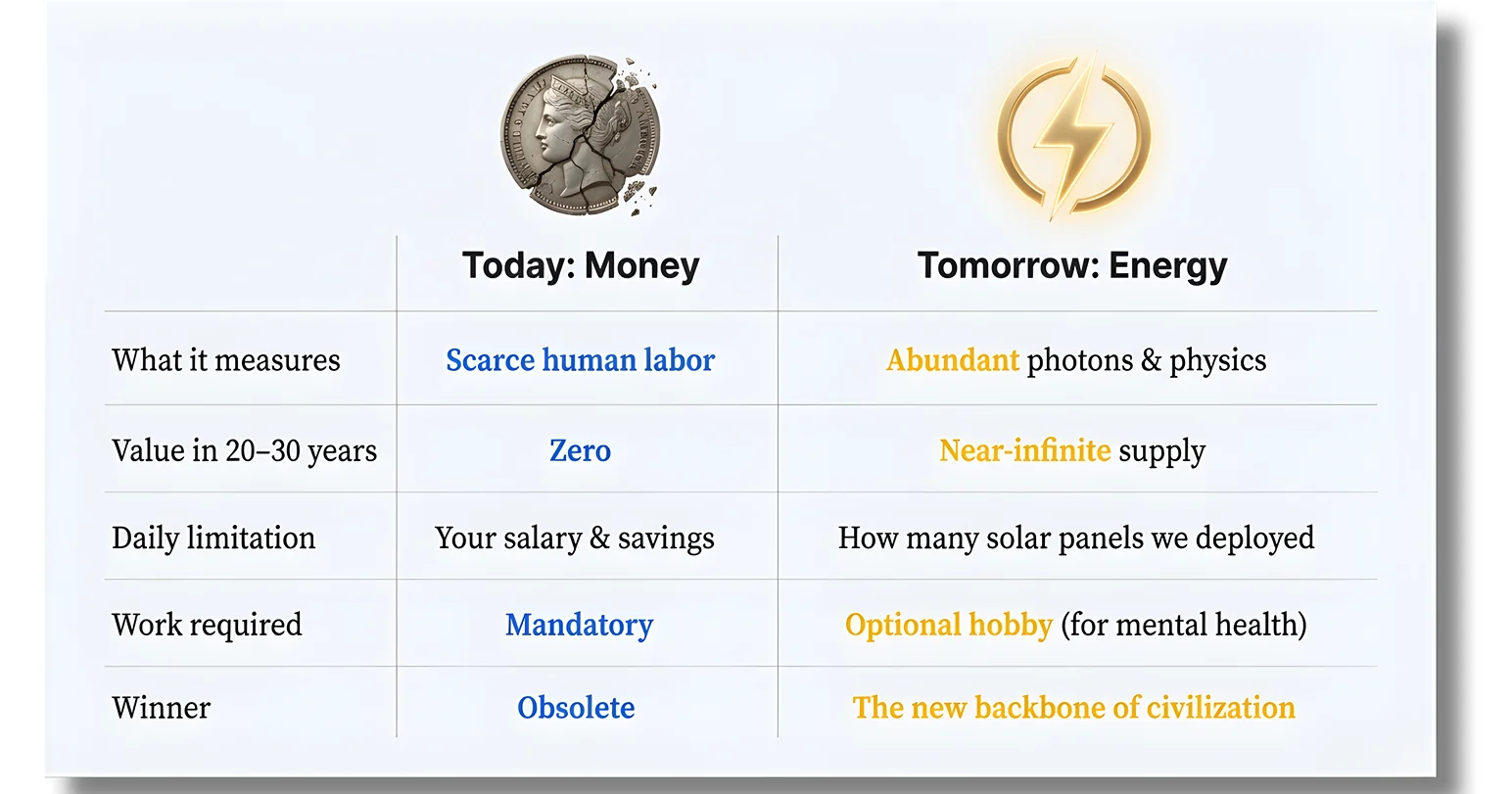 The shift from money to energy as currency, showing why money will have zero value of money soon.