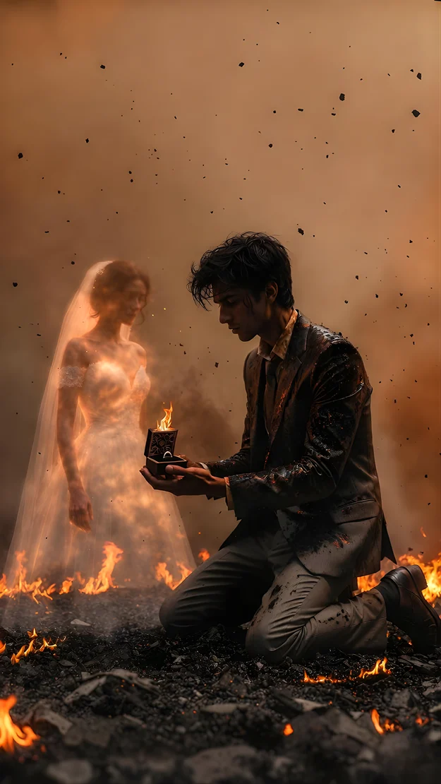 Google Gemini AI Breakup Image Editing Prompt: Tragic heroic wide shot of a man in a burnt suit kneeling in ashes, with a holographic wedding dress ghost.