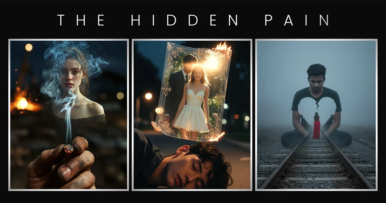 Double exposure train photo: Love failure boy photo composite using a copy paste Gemini prompt for sad and lonely boy.