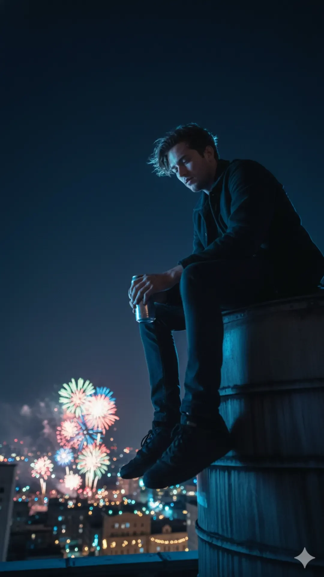 Man sitting on a rooftop water tank, silhouette against the moon and fireworks, the best Gemini prompt for sad boy wallpaper