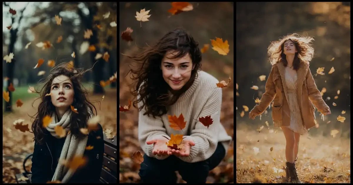 Grok AI image generator ravishing 19-year-old woman dreamy autumn nostalgia lying in colorful fallen leaves wind-tossed hair ultra-realistic