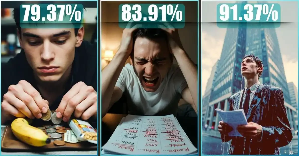 A collage of three images: a sad boy counting coins (love failure boy dp), a man screaming over financial calculations, and a man soaked in the rain with a crumpled resume. This set demonstrates the raw power of a sad boy ai prompt for creating best sad boy photo prompt for 8k quality.