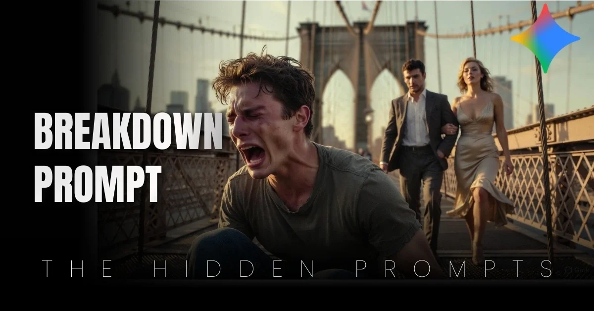 Devastated young man crying on Brooklyn Bridge walkway, Love Failure Moments AI art from real prompt.