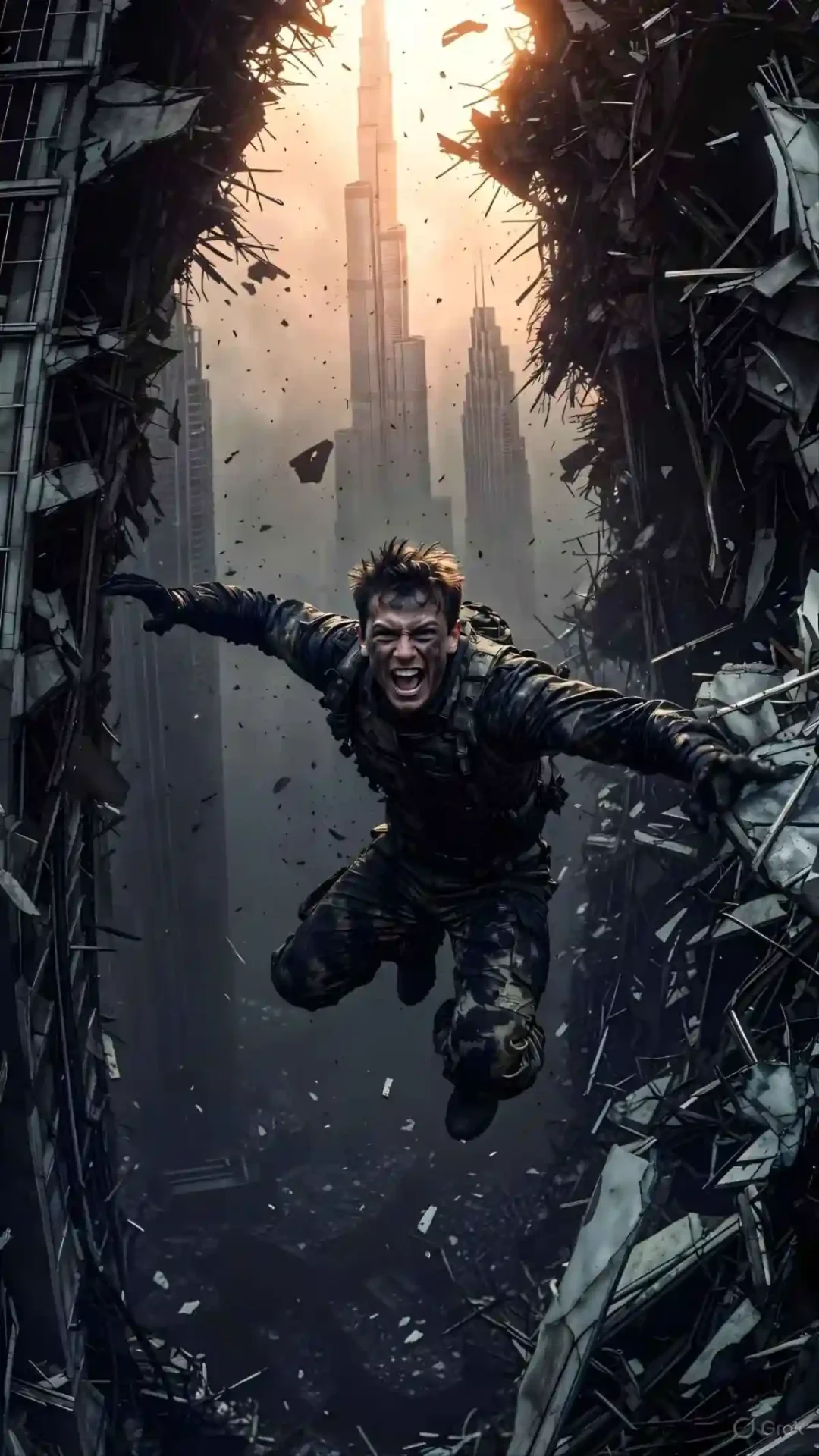Dramatic Gemini AI image of a soldier in camouflage jumping through a narrow gap between destroyed skyscrapers with a towering spire in the background.